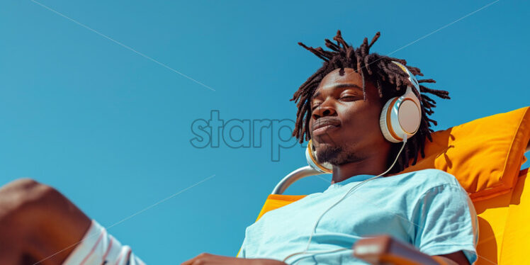 Young man sitting on beach chair relaxing on isolated blue background - Starpik Stock