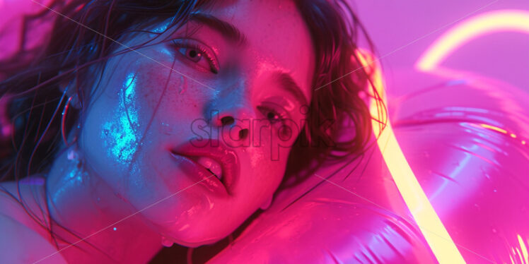 Young woman with inflatable neon ring - Starpik Stock