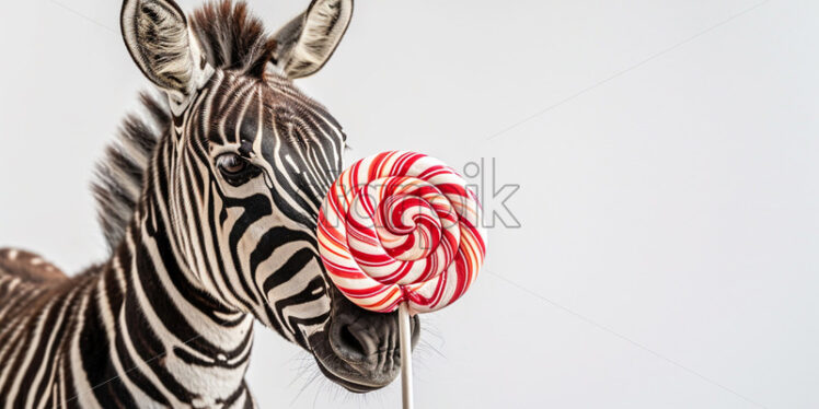 Zebra with candy lollipop on a isolate white background - Starpik Stock