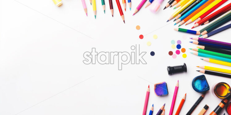 banner back to school with set of crayons, scissor, colored pens - Starpik Stock