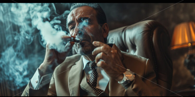 italian man smoking a cigar, in a light brown suite, dark apartment, studio portrait, professional light - Starpik Stock