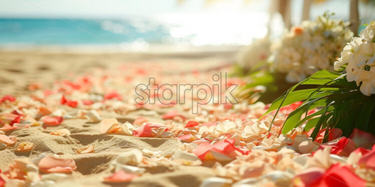 petals on an aisle for wedding ceremony, beach sea view on background - Starpik Stock