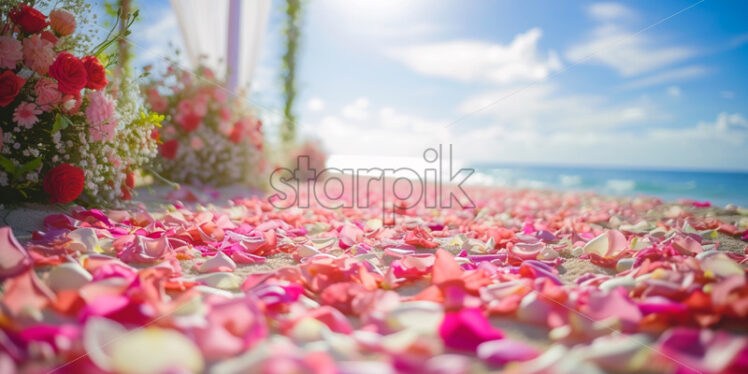 petals on an aisle for wedding ceremony, beach sea view on background - Starpik Stock