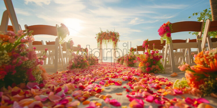 petals on an aisle for wedding ceremony, beach sea view on background - Starpik Stock