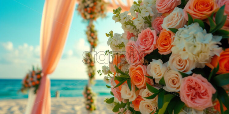 petals on an aisle for wedding ceremony, beach sea view on background - Starpik Stock