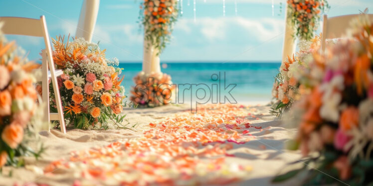 petals on an aisle for wedding ceremony, beach sea view on background - Starpik Stock