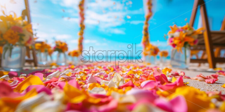 petals on an aisle for wedding ceremony, beach sea view on background - Starpik Stock