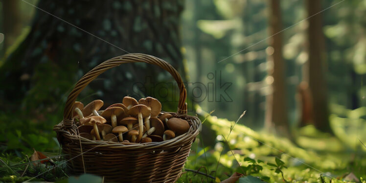 A basket of mushrooms in the forest at the trunk of a tree - Starpik Stock