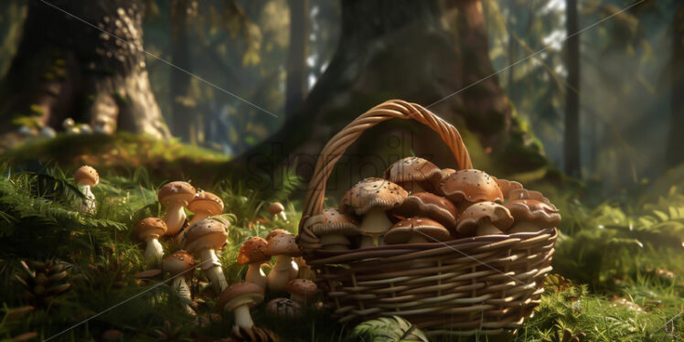 A basket of mushrooms in the forest at the trunk of a tree - Starpik Stock