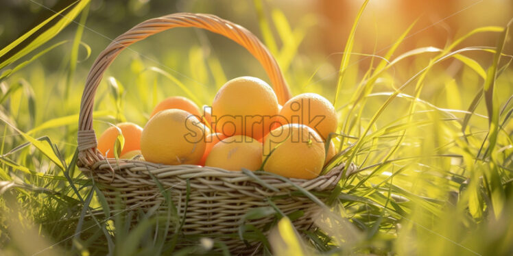 A basket of oranges in the grass - Starpik Stock