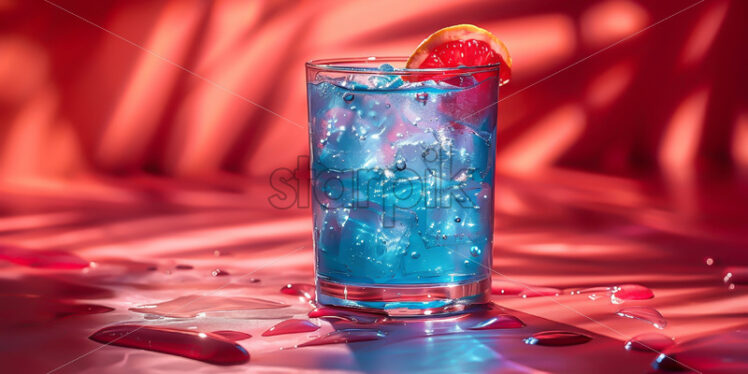 A blue cocktail with ice on a red background - Starpik Stock