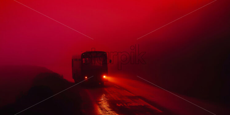 A bus on a street, a dense red fog - Starpik Stock