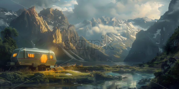 A camping trailer against the backdrop of a mountain landscape - Starpik Stock