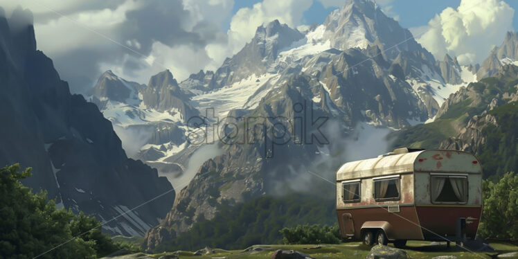 A camping trailer against the backdrop of a mountain landscape - Starpik Stock