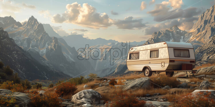 A camping trailer against the backdrop of a mountain landscape - Starpik Stock