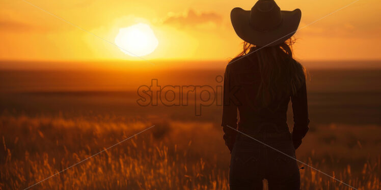 A cowboy girl in a field - Starpik Stock