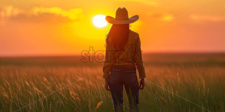 A cowboy girl in a field - Starpik Stock