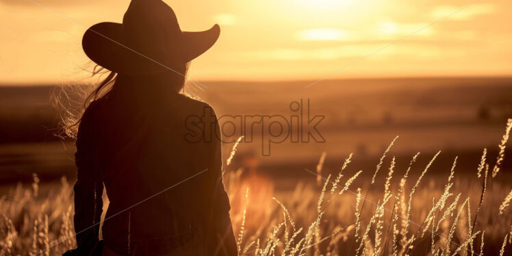 A cowboy girl in a field - Starpik Stock