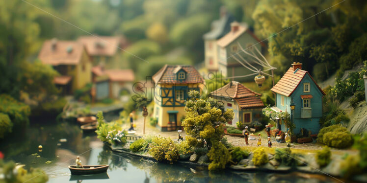 A diorama of some houses on the bank of a river - Starpik Stock