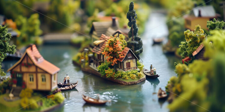 A diorama of some houses on the bank of a river - Starpik Stock