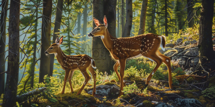 A doe and her cub through the forest - Starpik Stock