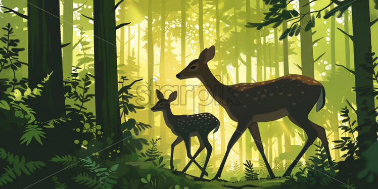 A doe and her cub through the forest - Starpik Stock