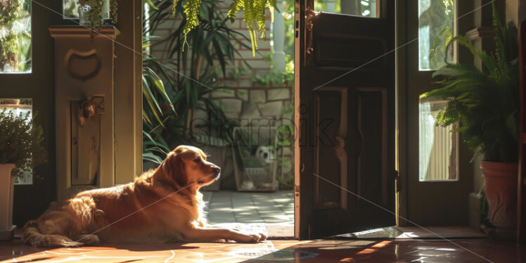 A dog standing on the threshold of a house - Starpik Stock