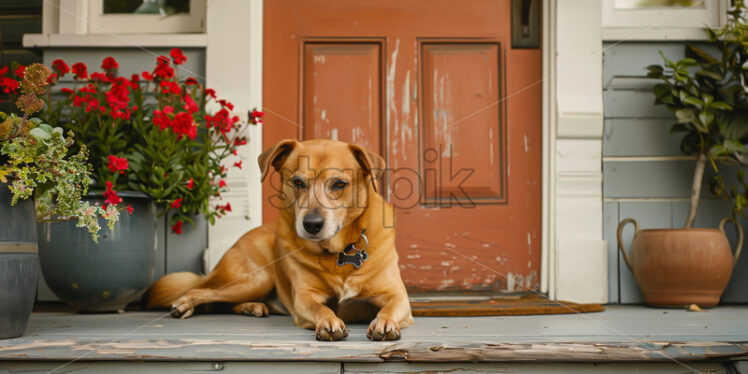 A dog standing on the threshold of a house - Starpik Stock