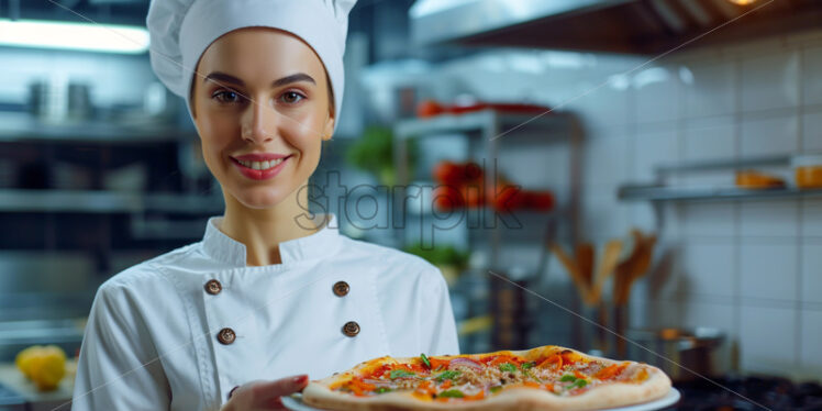 A female chef with a pizza top in hand - Starpik Stock