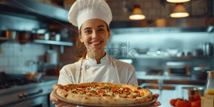 A female chef with a pizza top in hand - Starpik Stock