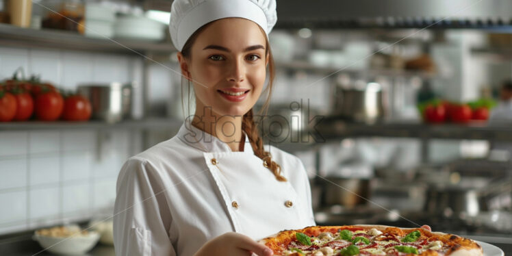 A female chef with a pizza top in hand - Starpik Stock