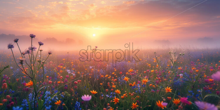 A field full of flowers at sunrise, the fog in the distance - Starpik Stock