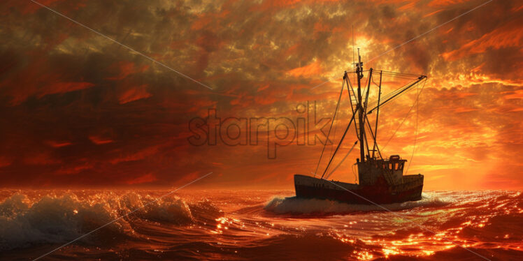 A fishing boat at sea at sunset - Starpik Stock