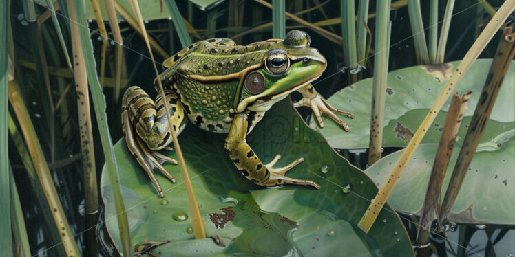 A frog sitting on a water lily on the lake - Starpik Stock