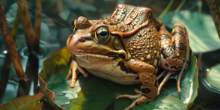 A frog sitting on a water lily on the lake - Starpik Stock