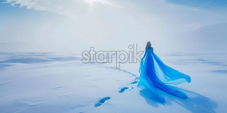 A girl in a blue dress in the snow at the North Pole - Starpik Stock