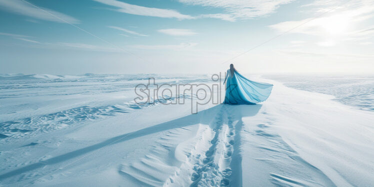 A girl in a blue dress in the snow at the North Pole - Starpik Stock