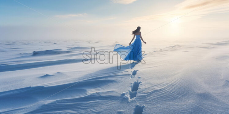 A girl in a blue dress in the snow at the North Pole - Starpik Stock