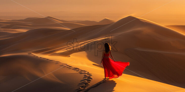 A girl in a red dress in the desert - Starpik Stock