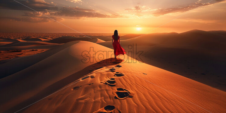 A girl in a red dress in the desert - Starpik Stock