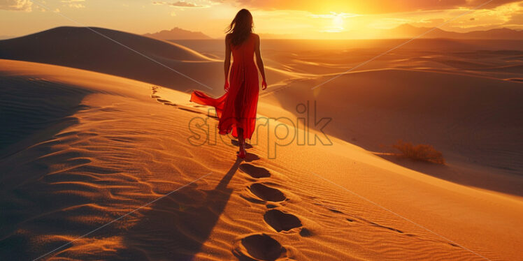 A girl in a red dress in the desert - Starpik Stock