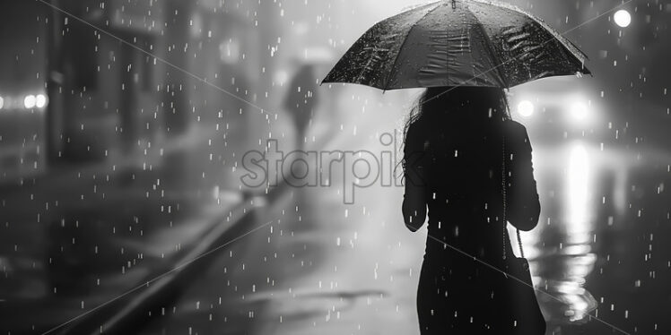 A girl with an umbrella on a street, black and white image - Starpik Stock