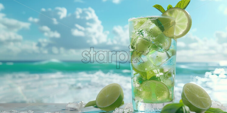 A glass of cold mojito, against the background of a beach - Starpik Stock