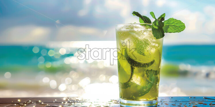 A glass of cold mojito, against the background of a beach - Starpik Stock