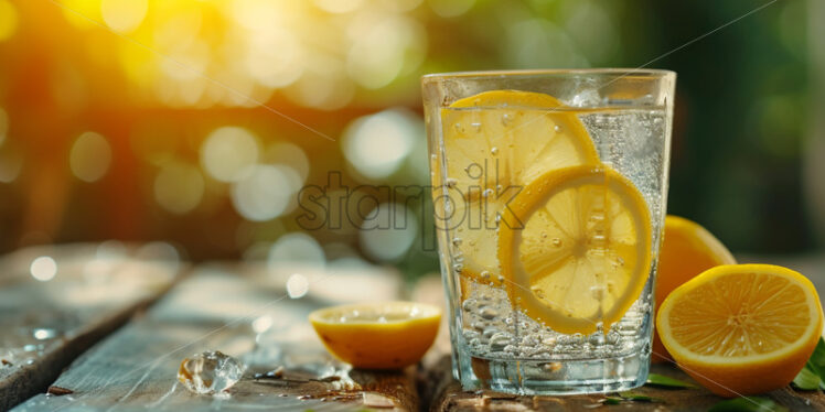 A glass of water with lemon slices on a wooden table - Starpik Stock