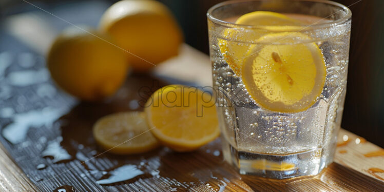 A glass of water with lemon slices on a wooden table - Starpik Stock