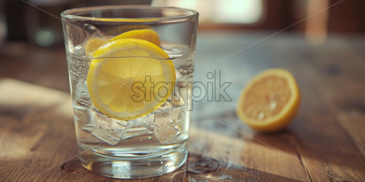 A glass of water with lemon slices on a wooden table - Starpik Stock