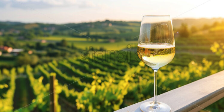 A glass of wine on a balcony, with vines in the background - Starpik Stock