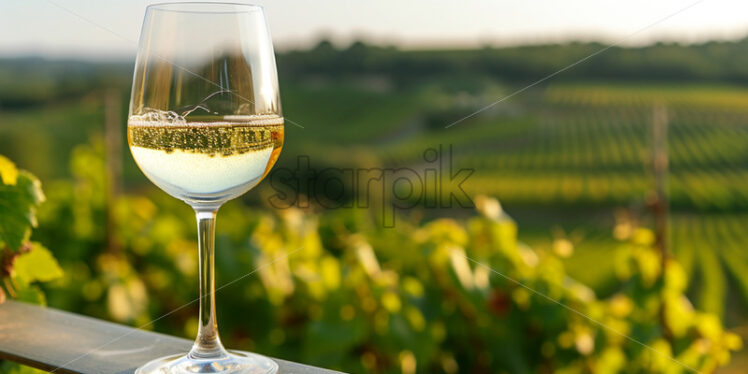 A glass of wine on a balcony, with vines in the background - Starpik Stock