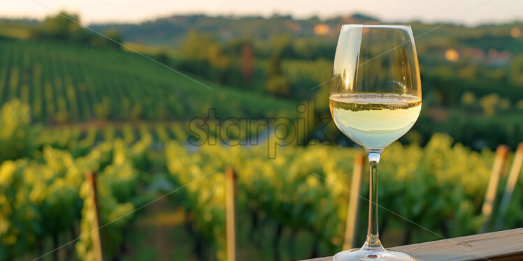 A glass of wine on a balcony, with vines in the background - Starpik Stock